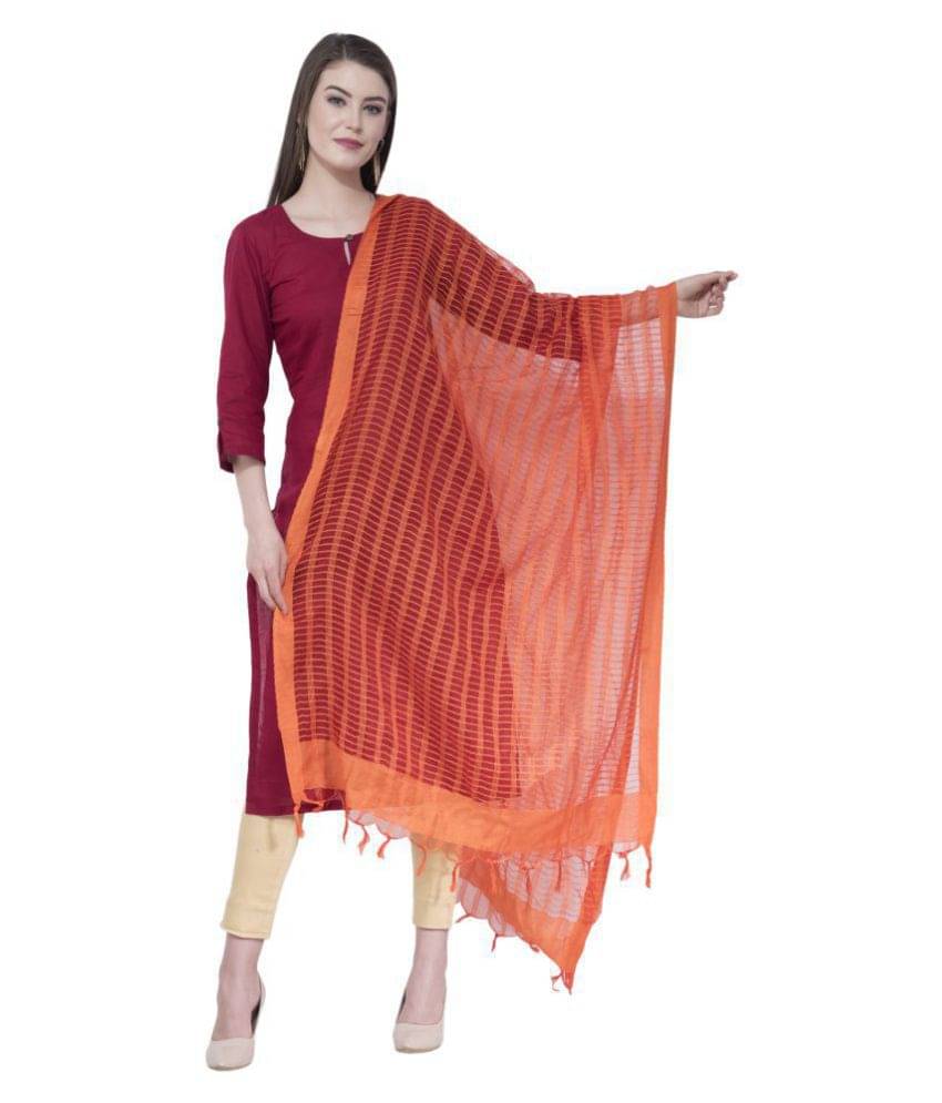     			A R Silk Orange Cotton Blend Striped Dupatta