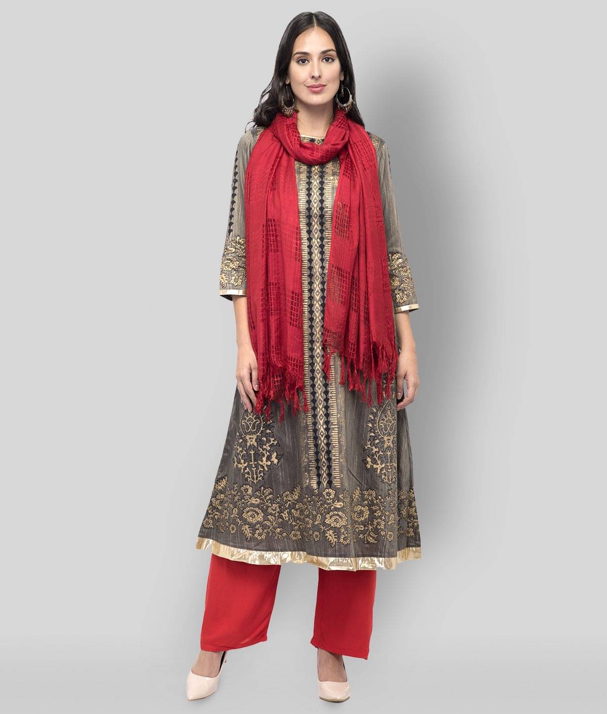 A R Silk Red Cotton Checkered Dupatta A R Silk Red Cotton Checkered Dupatta