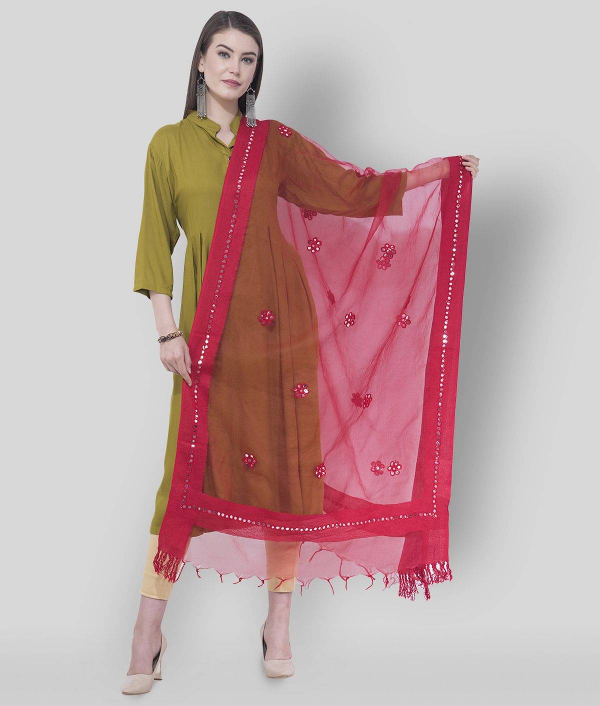     			A R Silk Red Organza Mirror Work Dupatta
