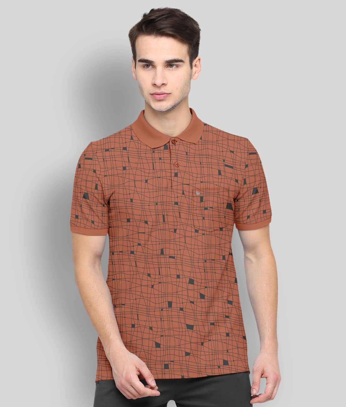 BULLMER Pack of 1 Cotton Blend Regular Fit Printed Half Sleeves Men's Polo T Shirt ( Brown )