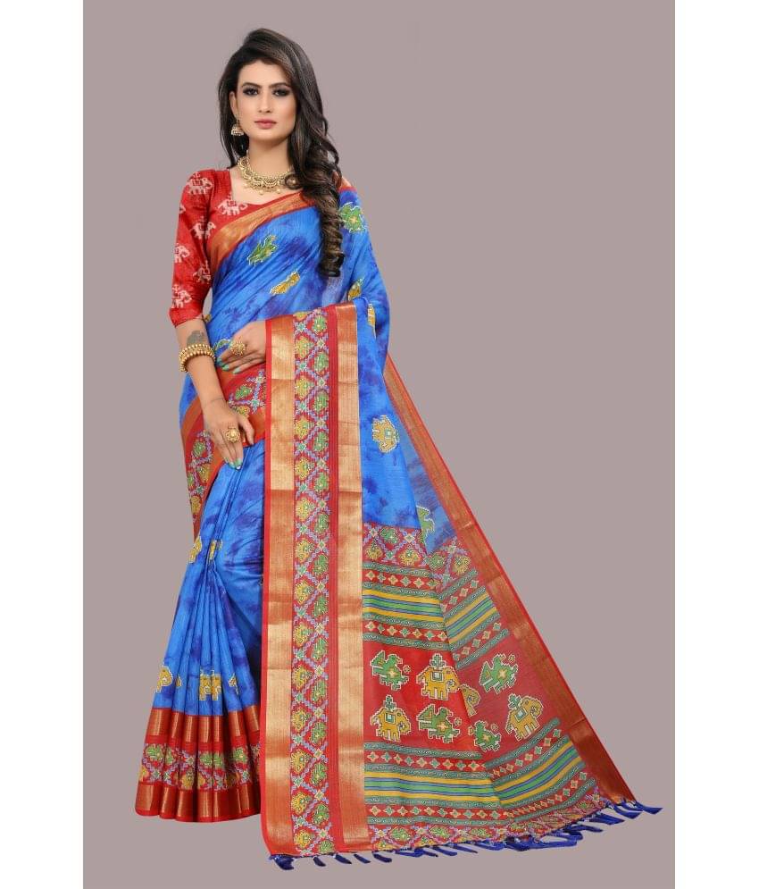     			Divine International Trading Co Cotton Blend Printed Saree With Unstitched Blouse Piece ( Blue )