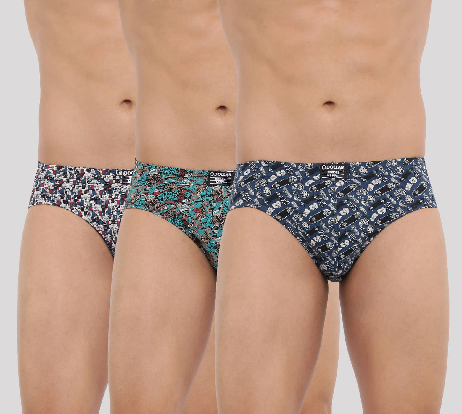 Dollar Bigboss Men's Pack of 3 Soft Combed Cotton Printed Brief (Colour May Vary)