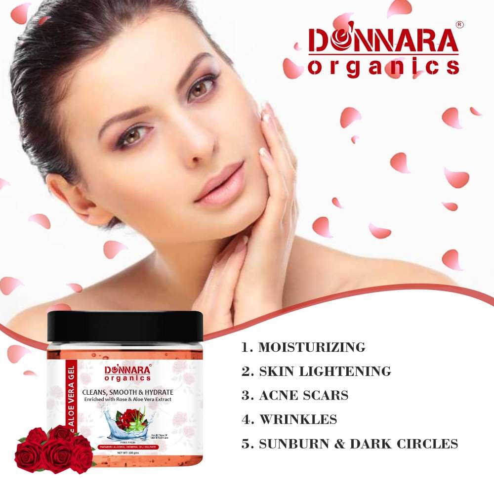     			Donnara Organics Rose Aloe Vera Extract Face Gel to Reduce Sun Burns and Dark Circles Pack of 1 of 100 Grams