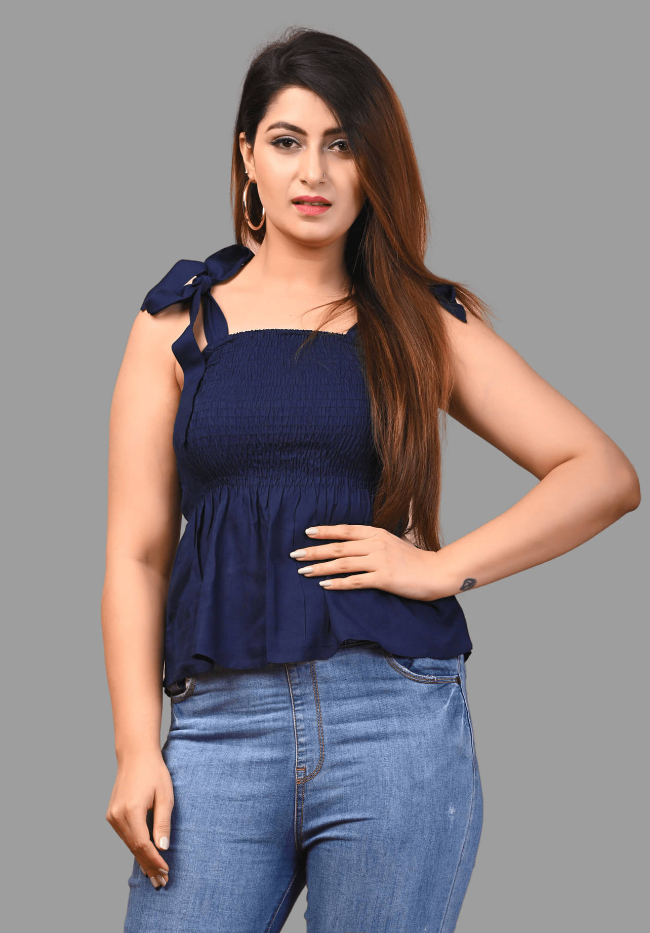 Frionkandy Women's Rayon Empire Top ( Navy Blue ) Frionkandy Women's Rayon Empire Top ( Navy Blue )