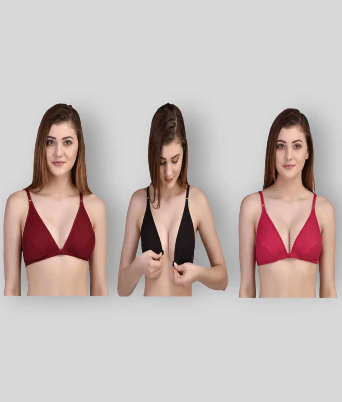Desiprime Pack of 3 Poly Cotton Non Padded Women's Front Closure ( Multi Color )
