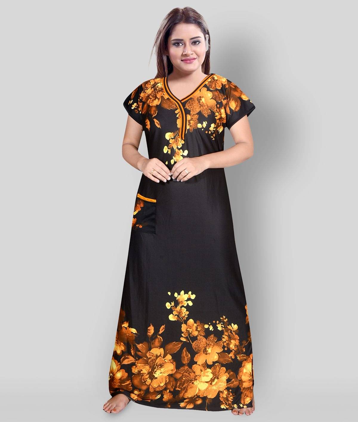     			PURSA - Black Satin Women's Nightwear Nighty & Night Gowns