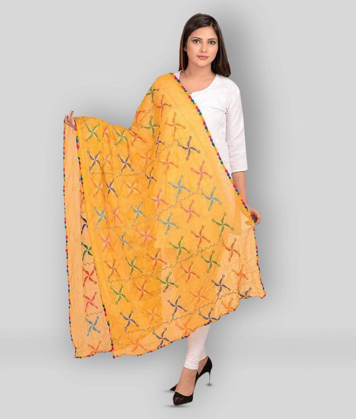     			Raj Yellow Chiffon Phulkari Dupatta