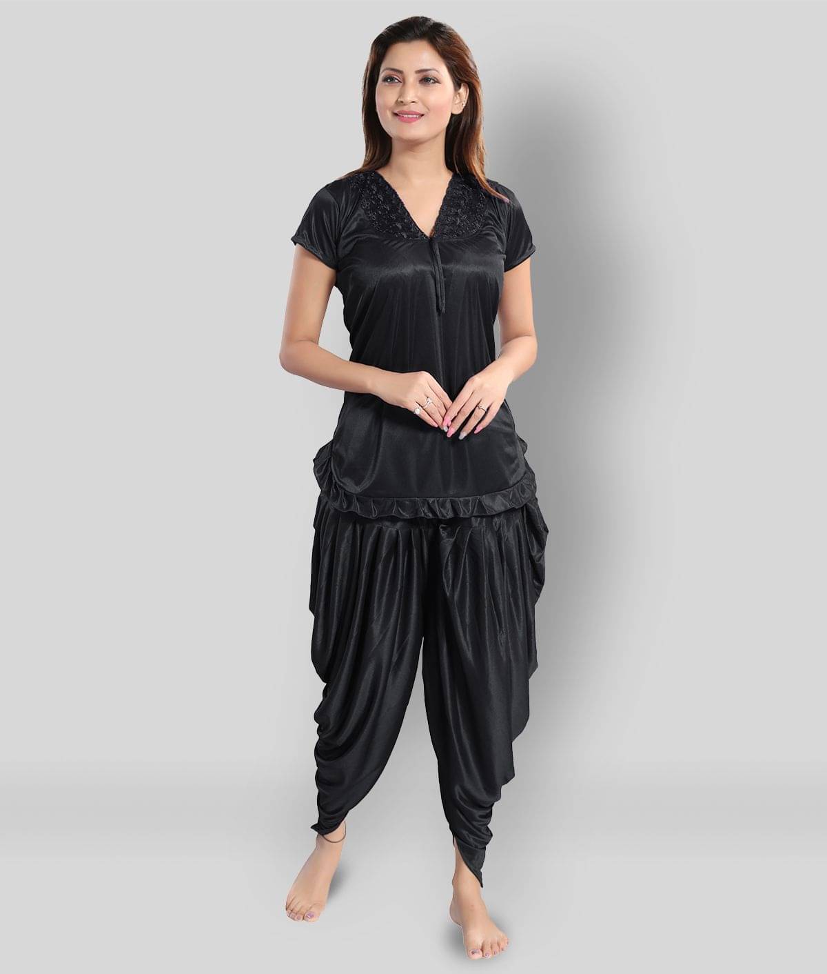    			Romaisa - Black Satin Women's Nightwear Nightsuit Sets