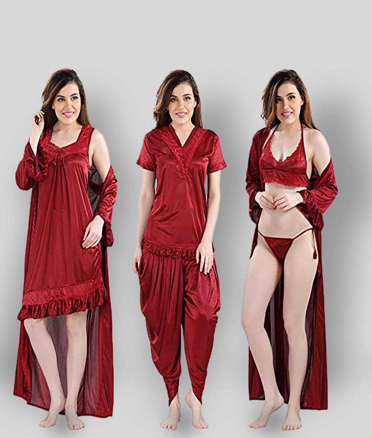 Romaisa - Maroon Satin Women's Nightwear Nighty & Night Gowns ( Pack of 6 ) Romaisa - Maroon Satin Women's Nightwear Nighty & Night Gowns ( Pack of 6 )