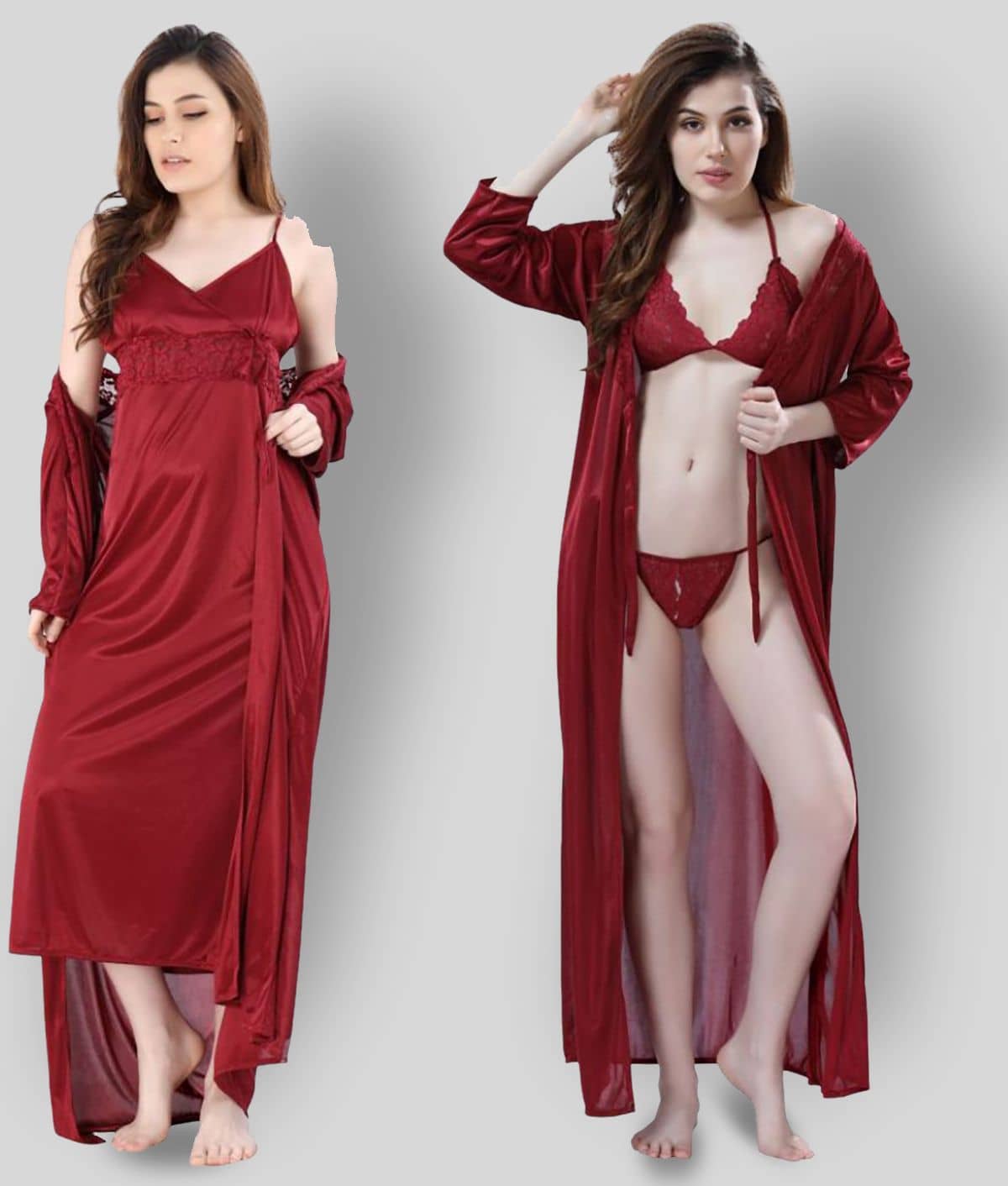 Romaisa - Maroon Satin Women's Nightwear Nighty & Night Gowns ( Pack of 4 ) - Nightwear & Loungewear | Buy online on ZillyBuy