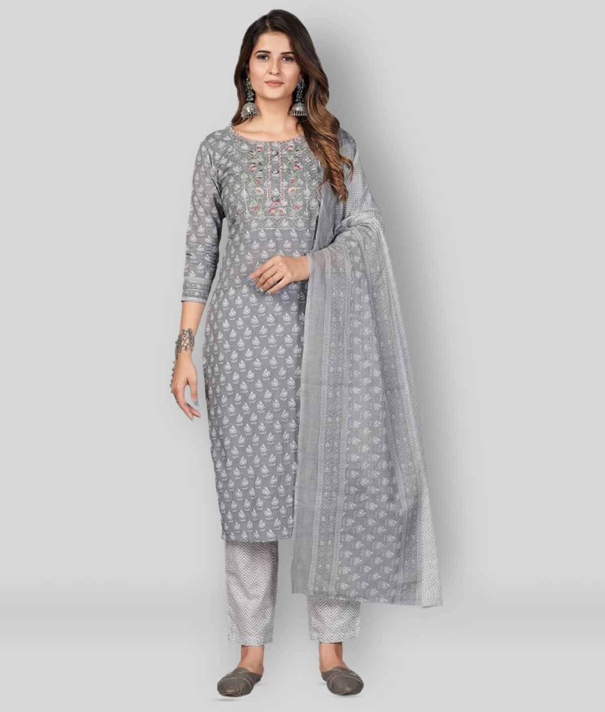 Vbuyz - Grey Straight Cotton Women's Stitched Salwar Suit ( Pack of 1 )