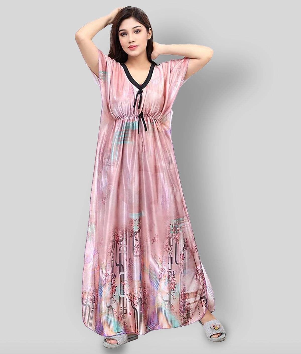    			G4Girl Satin Printed Women Kaftan Nighty ( Pink )