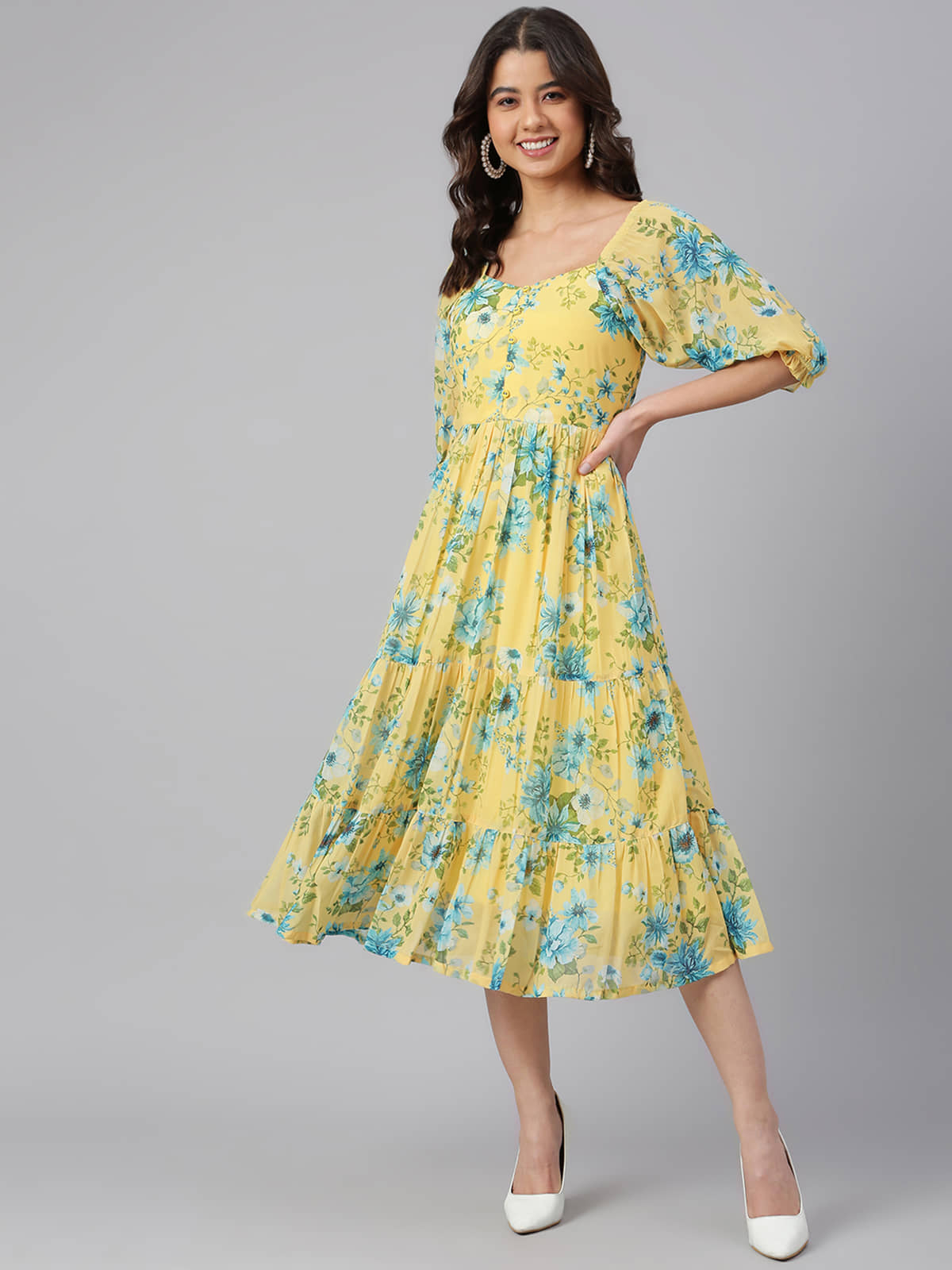 Janasya Women Georgette Printed Fit & Flare Dress ( Yellow )