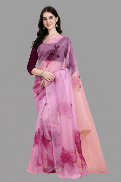 PARAKHIYA FAB Organza Printed Saree With Unstitched Blouse Piece ( Wine ) - Sarees | Buy online on ZillyBuy