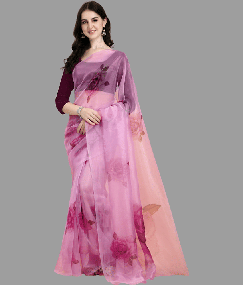 PARAKHIYA FAB Organza Printed Saree With Unstitched Blouse Piece ( Wine ) - Sarees | Buy online on ZillyBuy