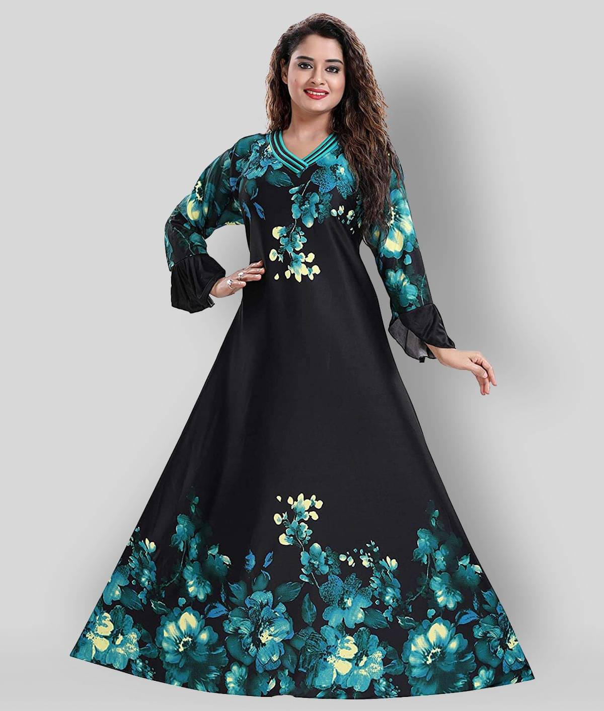     			PURSA - Black Satin Women's Nightwear Nighty & Night Gowns