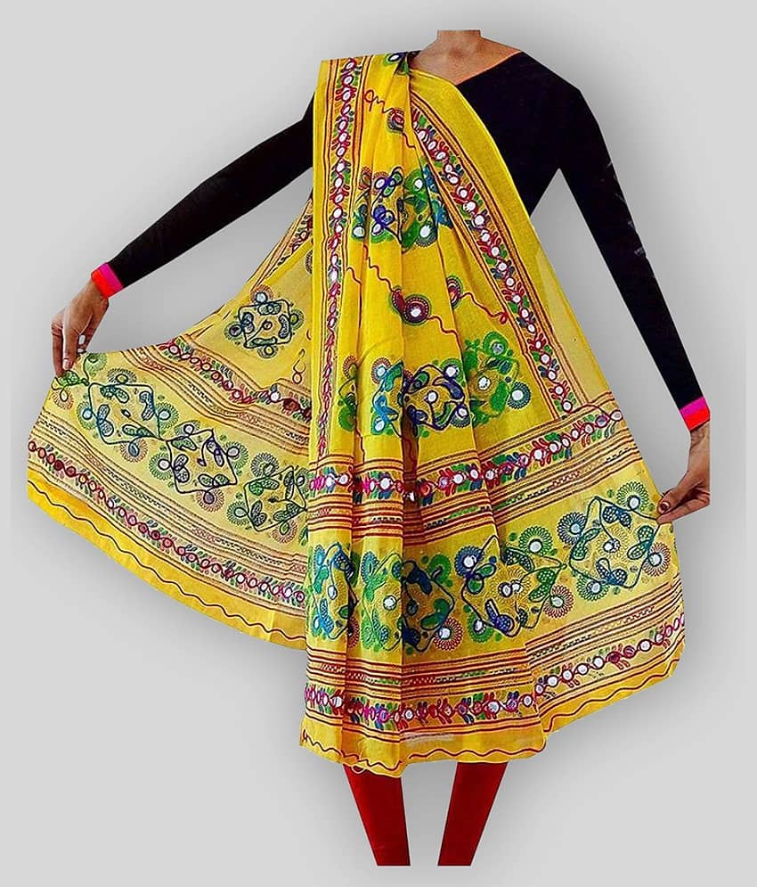 Raj Yellow Cotton Hand Embroidered Dupatta - Dupattas & Shawls | Buy online on ZillyBuy