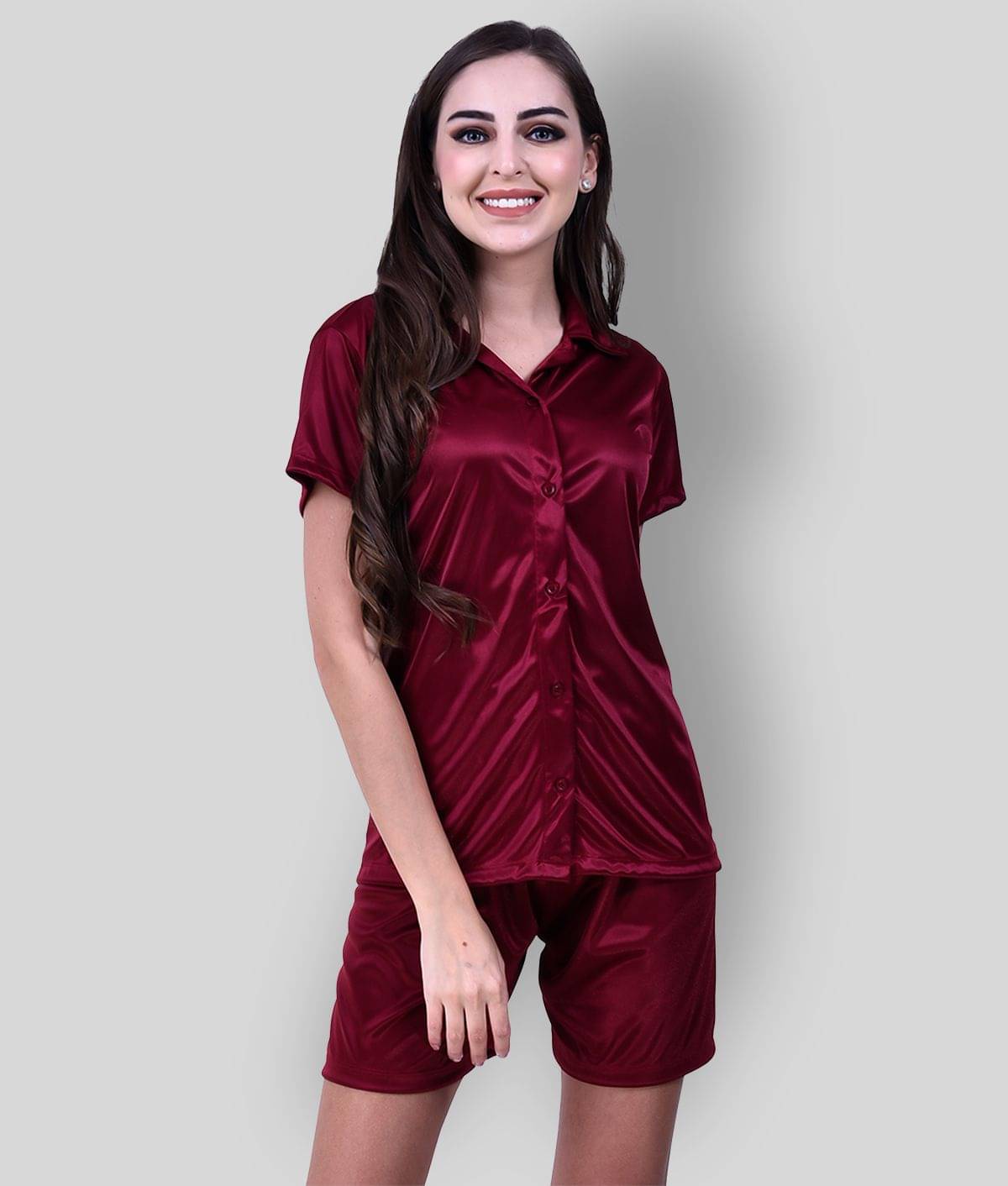     			You Forever - Maroon Satin Women's Nightwear Nightsuit Sets ( Pack of 2 )