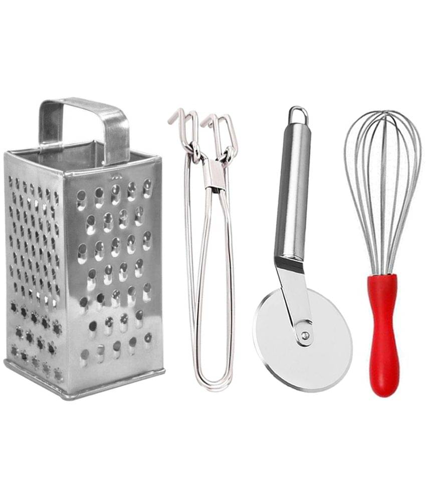 JISUN - Silver Stainless Steel Big Grater+Pakkad+Pizza Cutter+Whisk ( Pack 4 ) JISUN - Silver Stainless Steel Big Grater+Pakkad+Pizza Cutter+Whisk ( Pack 4 )