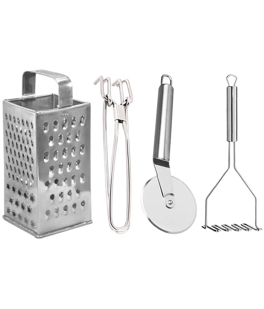 JISUN - Silver Stainless Steel Big Grater+Pakkad+Pizza Cutter+Masher ( Pack 4 ) JISUN - Silver Stainless Steel Big Grater+Pakkad+Pizza Cutter+Masher ( Pack 4 )