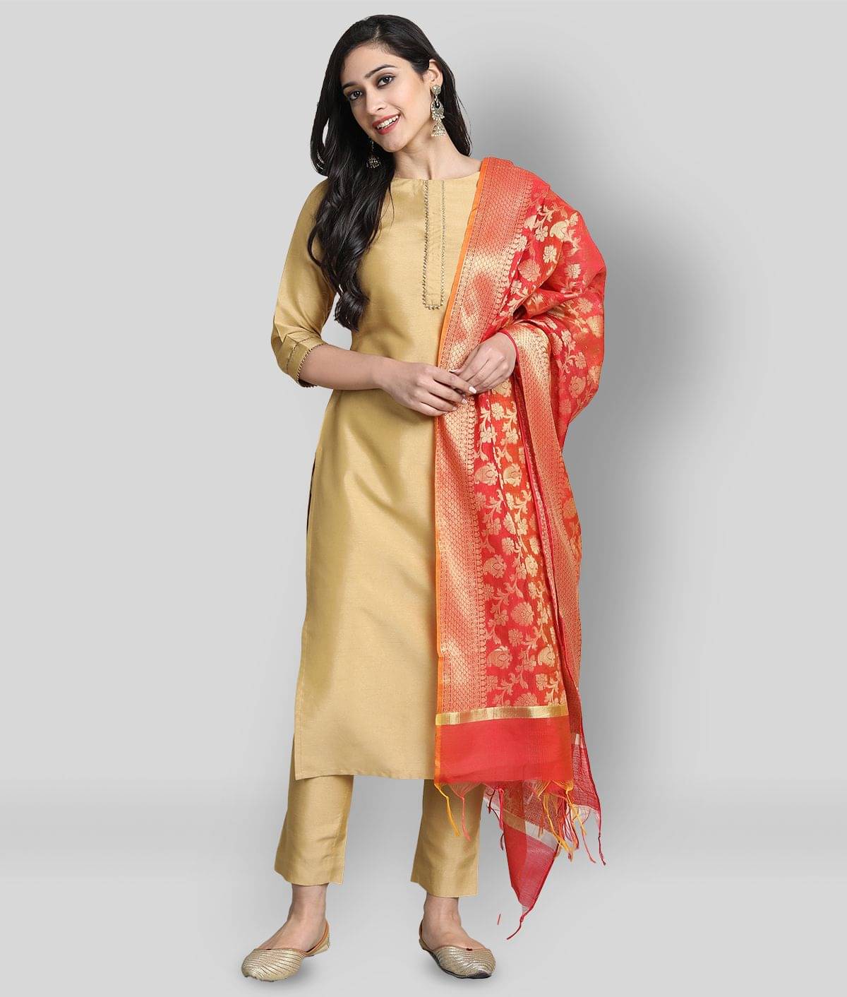 Janasya - Gold Straight Silk Women's Stitched Salwar Suit ( Pack of 1 ) Janasya - Gold Straight Silk Women's Stitched Salwar Suit ( Pack of 1 )