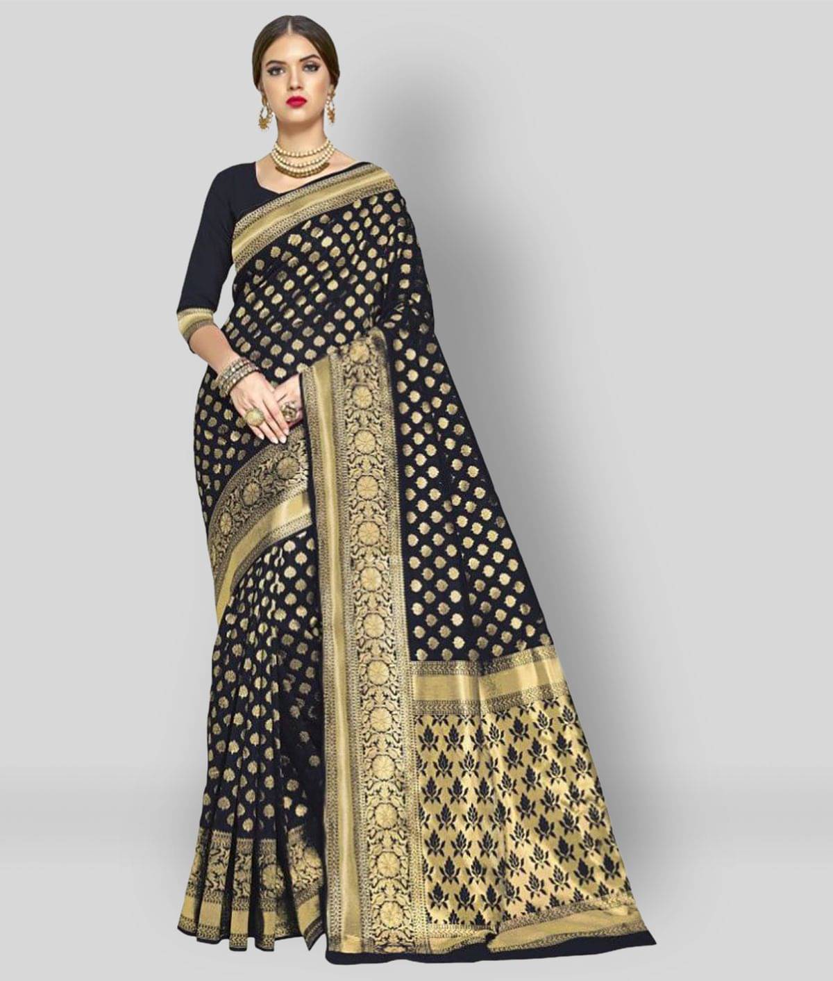 Dressy Silk Blend Printed Saree With Unstitched Blouse Piece ( Black ) Dressy Silk Blend Printed Saree With Unstitched Blouse Piece ( Black )