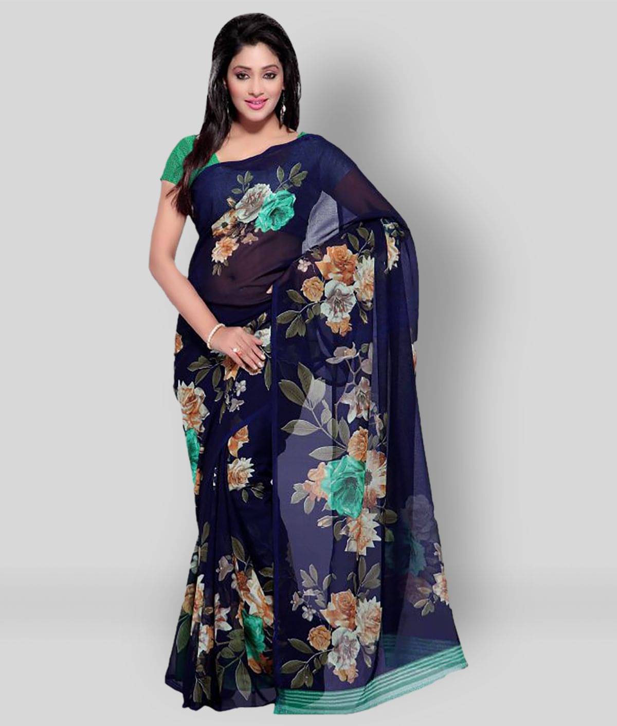 ANAND SAREES Georgette Printed Saree With Unstitched Blouse Piece ( Blue ) ANAND SAREES Georgette Printed Saree With Unstitched Blouse Piece ( Blue )