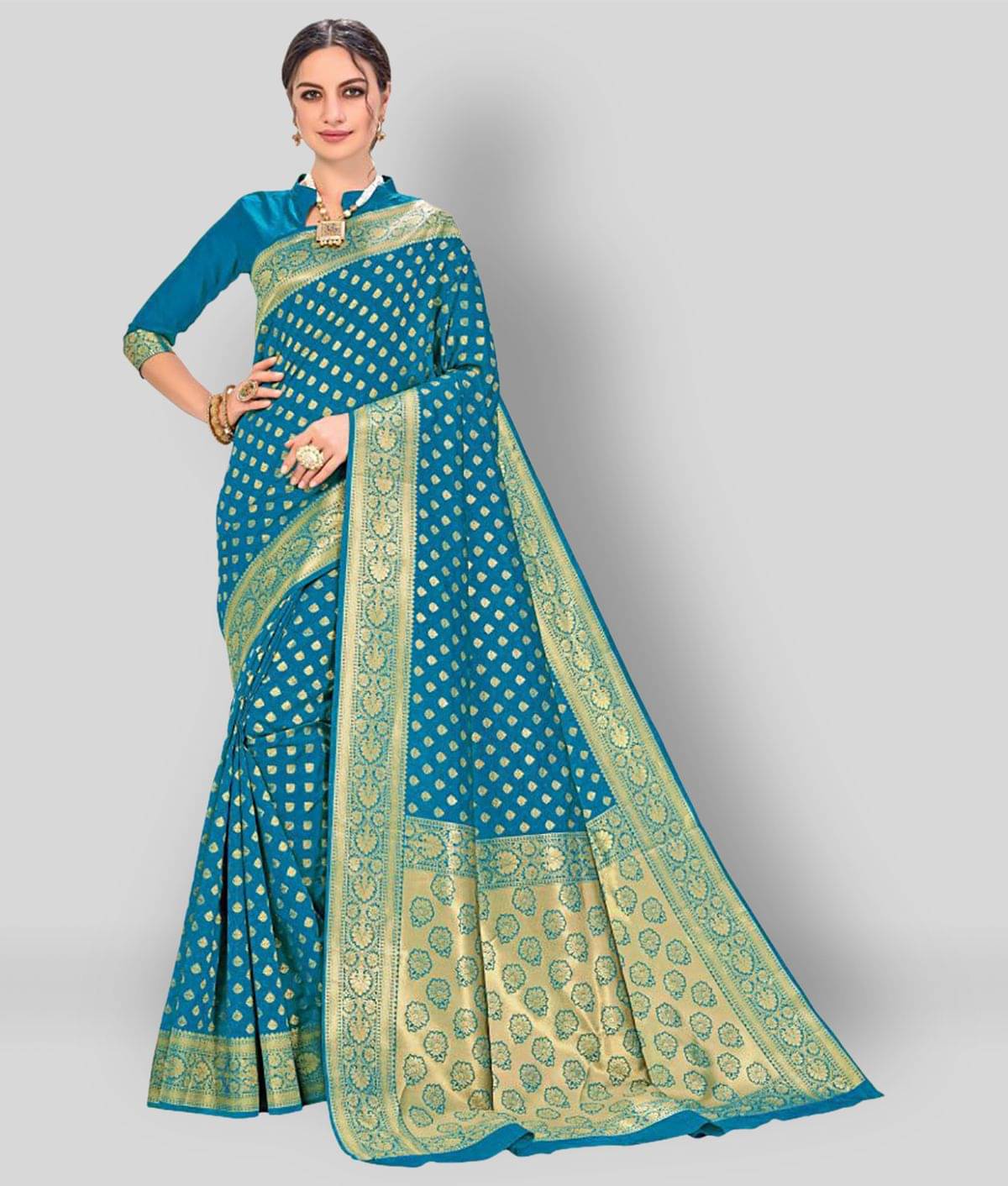Dressy Silk Blend Printed Saree With Unstitched Blouse Piece ( Blue ) Dressy Silk Blend Printed Saree With Unstitched Blouse Piece ( Blue )