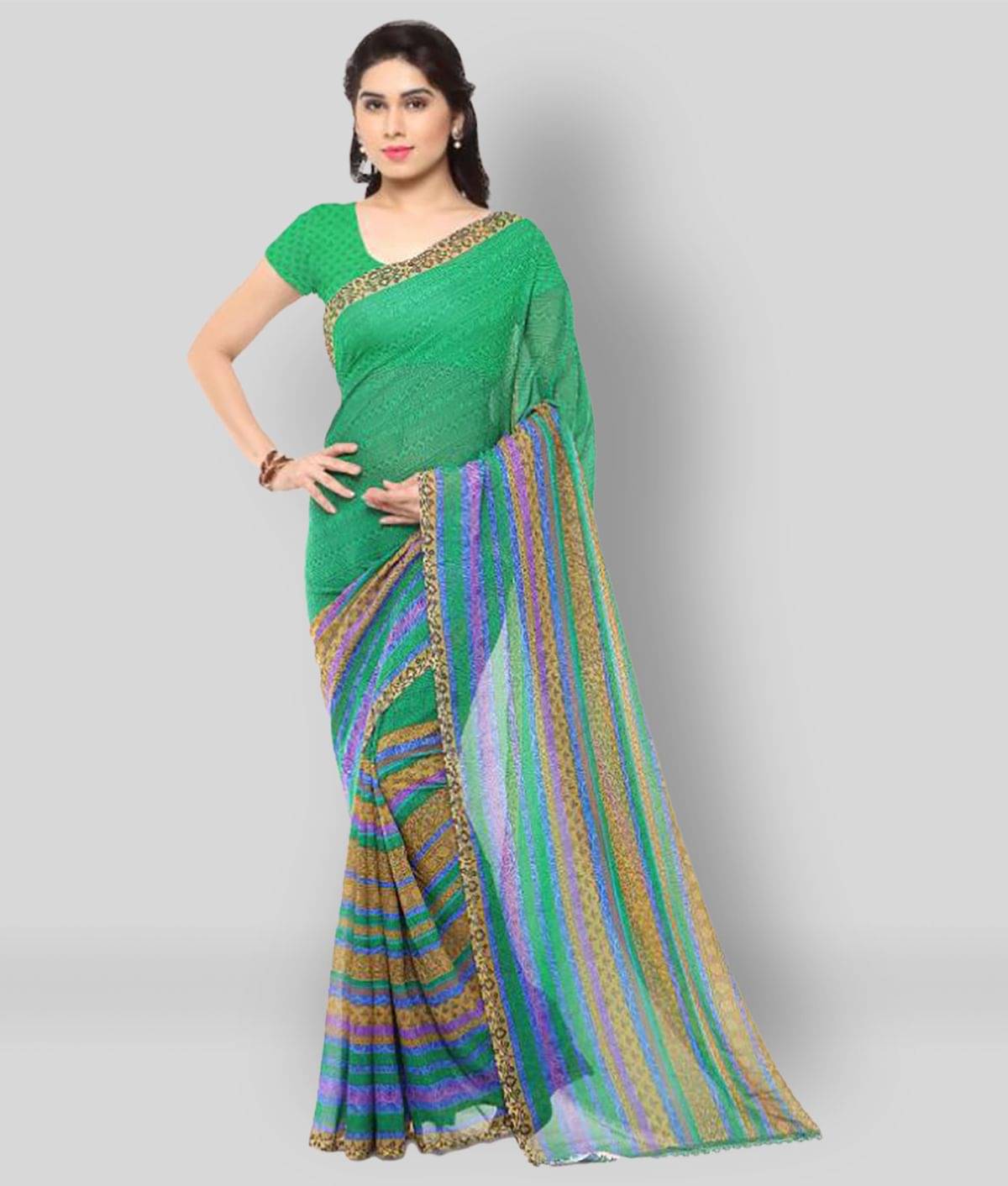 ANAND SAREES Georgette Striped Saree With Unstitched Blouse Piece ( Green ) ANAND SAREES Georgette Striped Saree With Unstitched Blouse Piece ( Green )