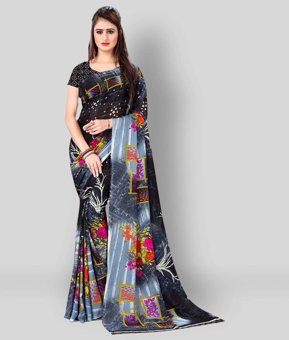 ANAND SAREES Georgette Printed Saree With Unstitched Blouse Piece ( Multicolor ) ANAND SAREES Georgette Printed Saree With Unstitched Blouse Piece ( Multicolor )