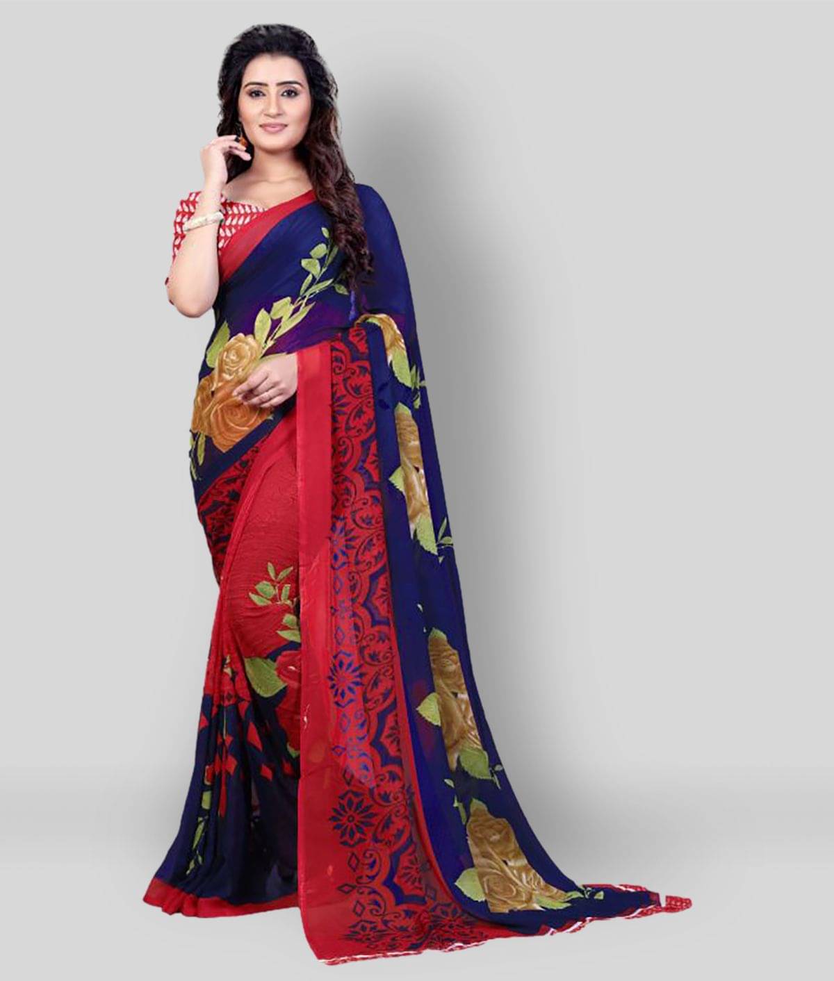 ANAND SAREES Georgette Printed Saree With Unstitched Blouse Piece ( Multicolor )     			ANAND SAREES Georgette Printed Saree With Unstitched Blouse Piece ( Multicolor )