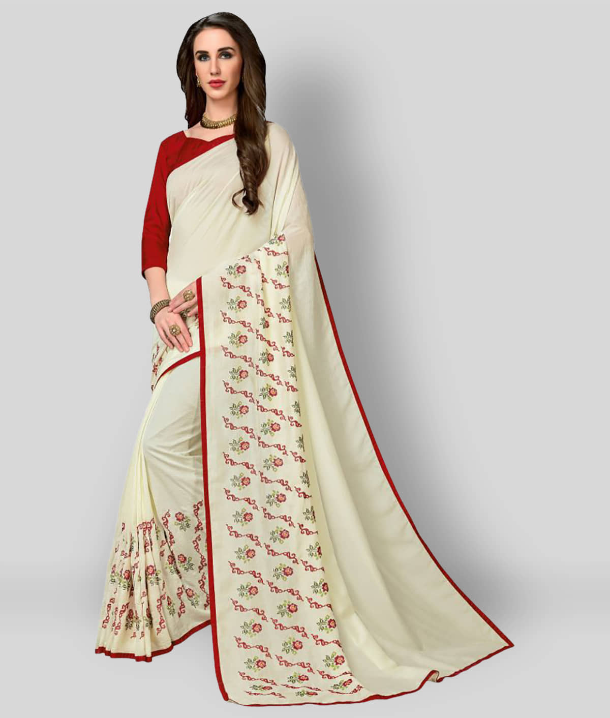 Dressy Silk Blends Printed Saree With Unstitched Blouse Piece ( White ) - Sarees | Buy online on ZillyBuy