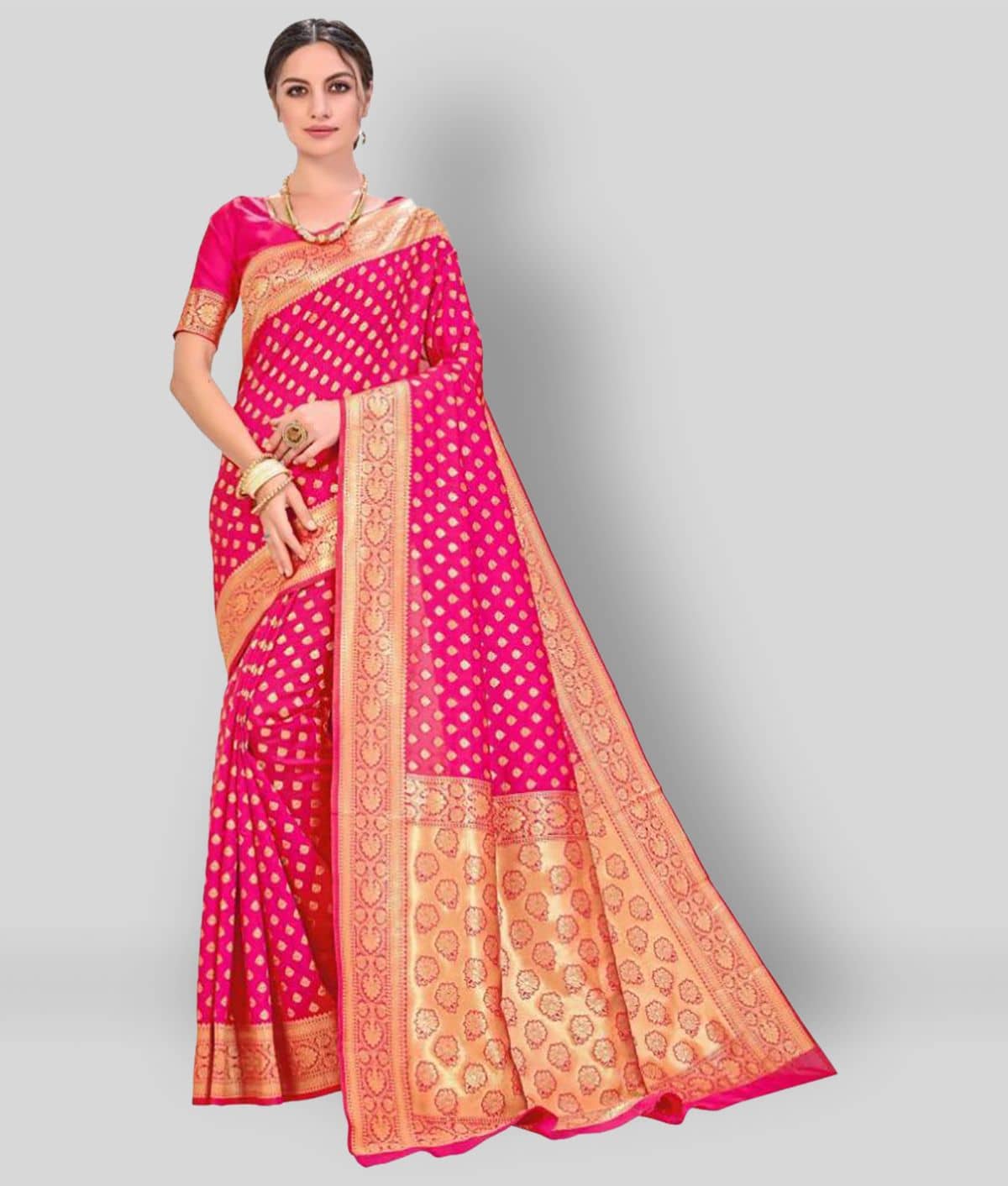 Dressy Banarasi Silk Printed Saree With Unstitched Blouse Piece ( Pink ) - Sarees | Buy online on ZillyBuy