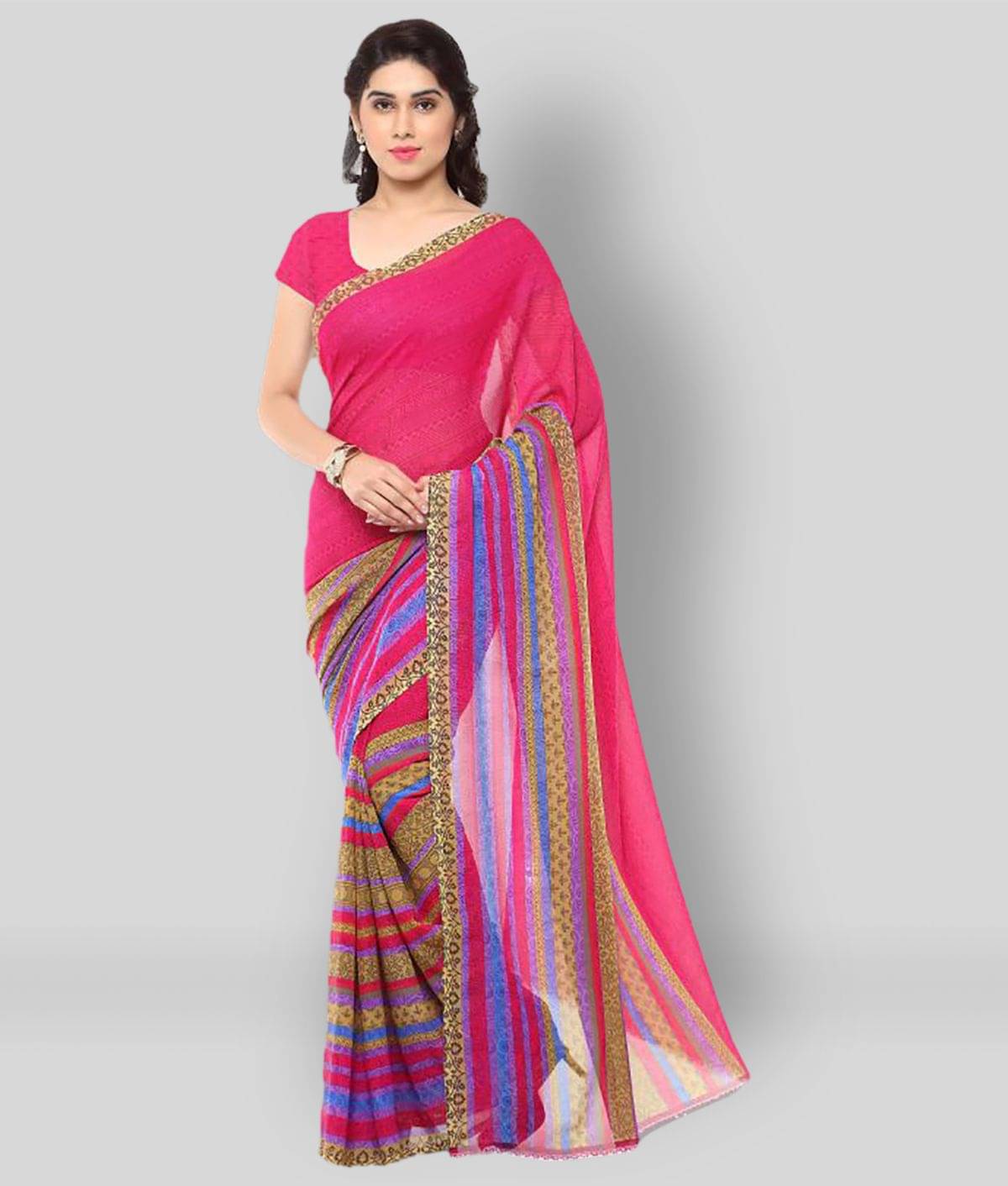 ANAND SAREES Georgette Printed Saree With Unstitched Blouse Piece ( Pink ) ANAND SAREES Georgette Printed Saree With Unstitched Blouse Piece ( Pink )