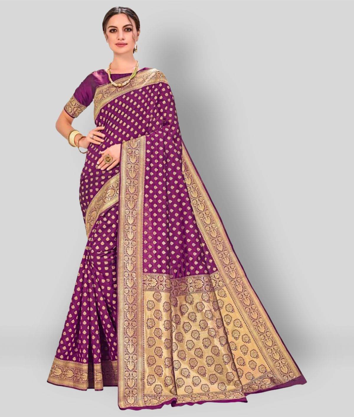     			Dressy Banarasi Silk Printed Saree With Unstitched Blouse Piece ( Purple )