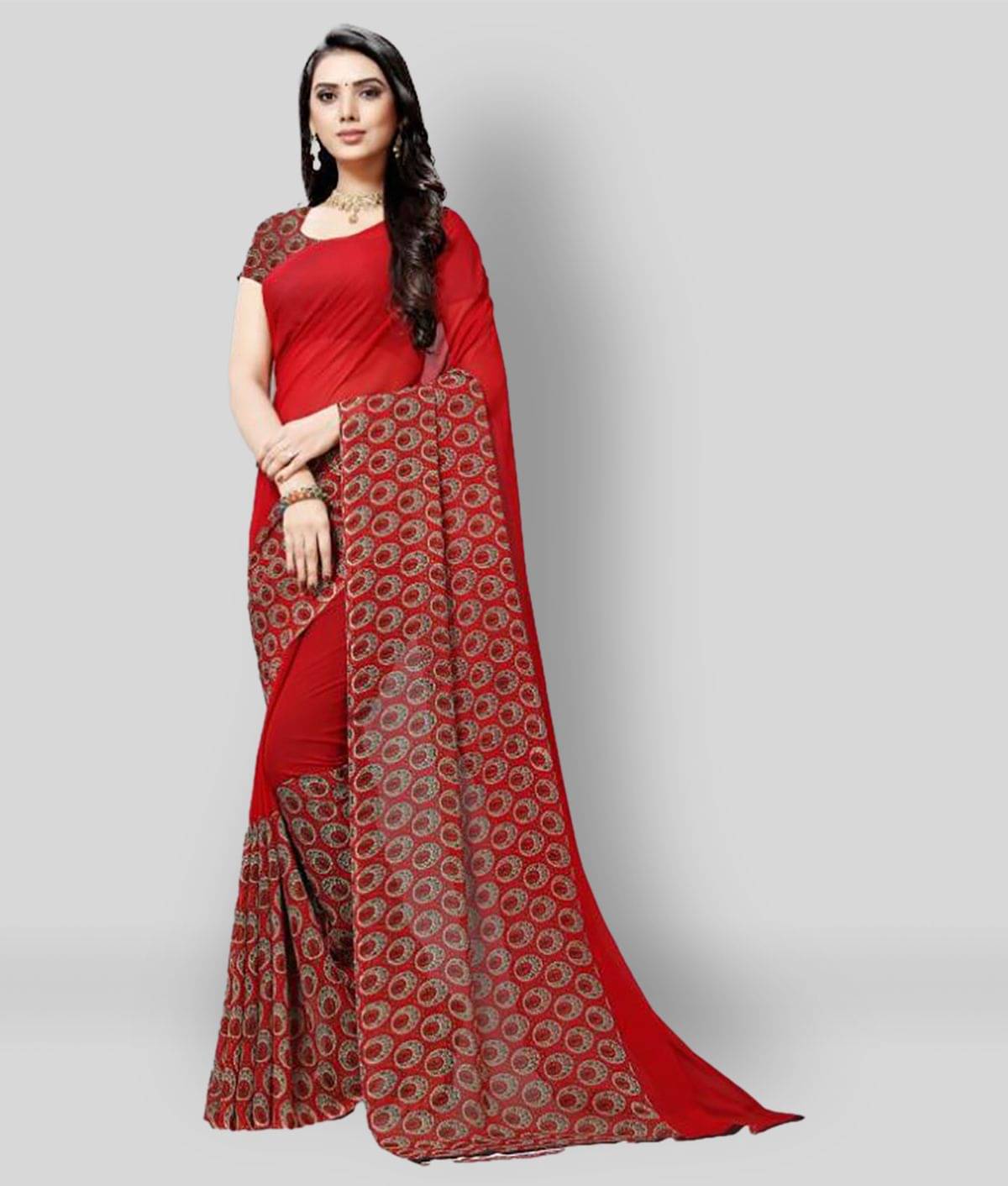     			ANAND SAREES Georgette Printed Saree With Unstitched Blouse Piece ( Red )