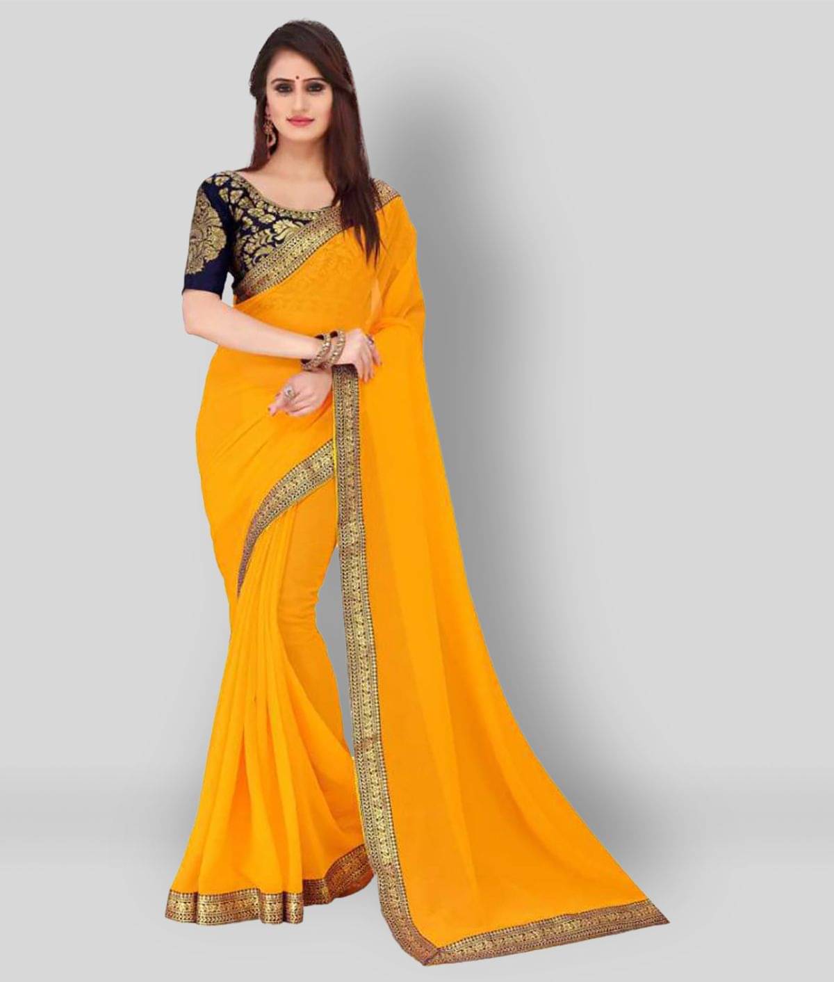 ANAND SAREES Chiffon Solid Saree With Unstitched Blouse Piece ( Yellow ) ANAND SAREES Chiffon Solid Saree With Unstitched Blouse Piece ( Yellow )