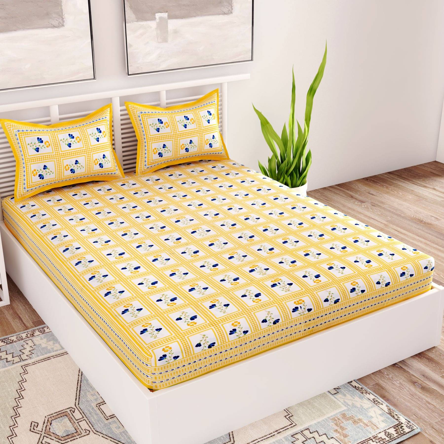     			Uniqchoice - Yellow Cotton Double Bedsheet with 2 Pillow Covers