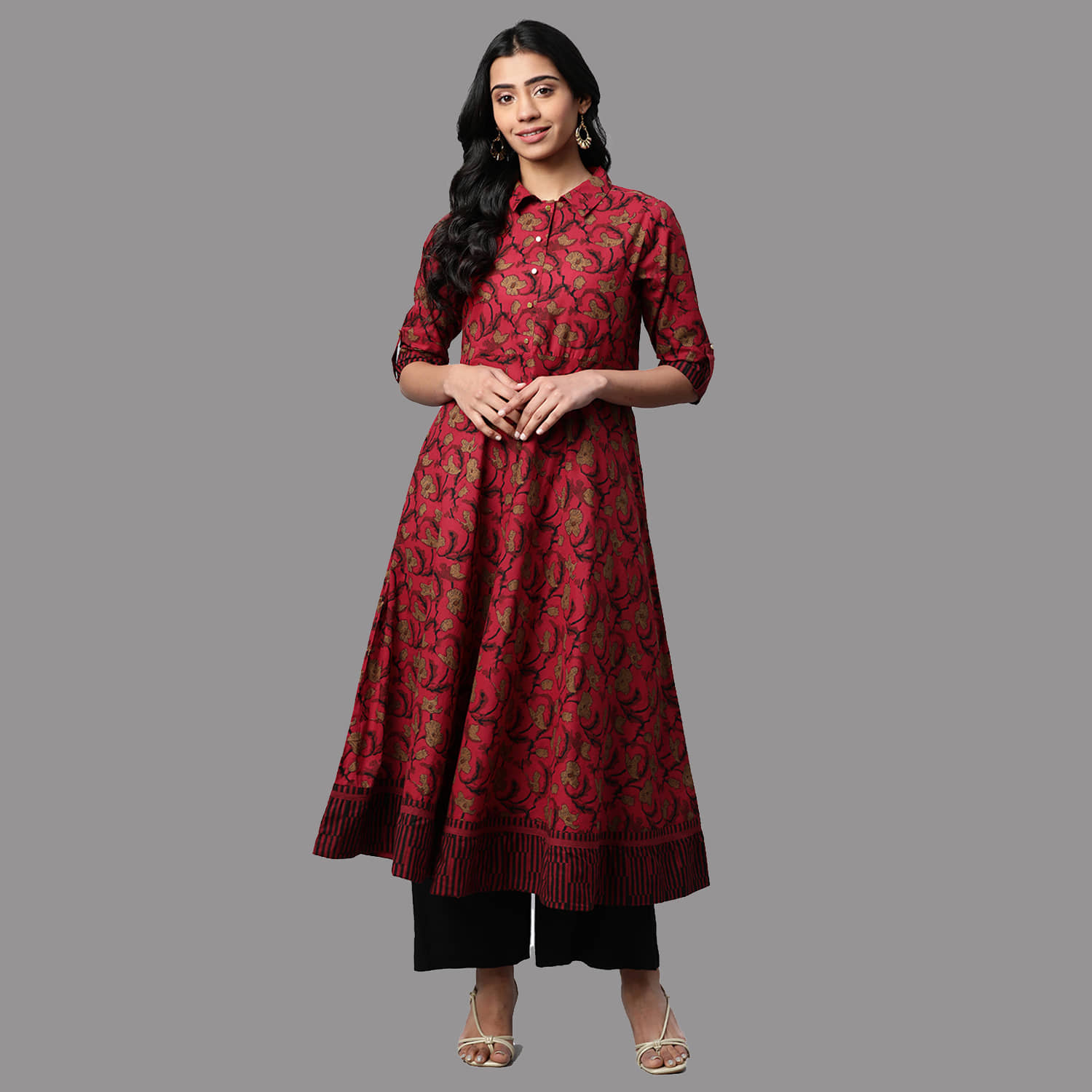 Yash Gallery - Maroon Cotton Women's Flared Kurti ( Pack of 1 ) - Kurtis, Tunics | Buy online on ZillyBuy