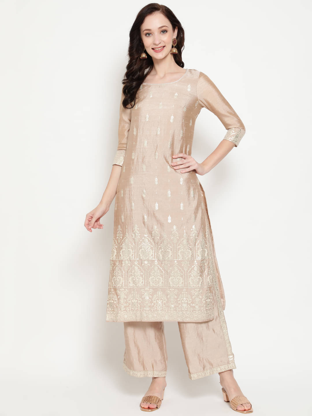     			Antaran - Beige Straight Silk Women's Stitched Salwar Suit ( Pack of 1 )