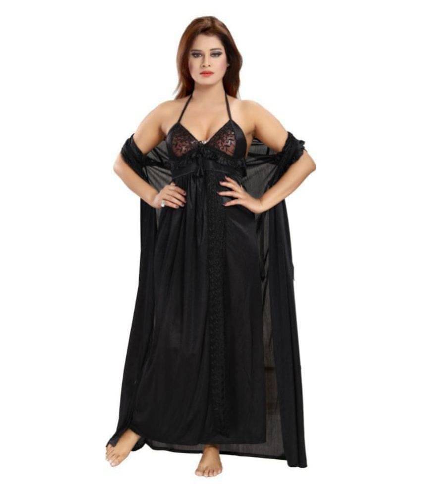     			Romaisa - Black Satin Women's Nightwear Nighty & Night Gowns