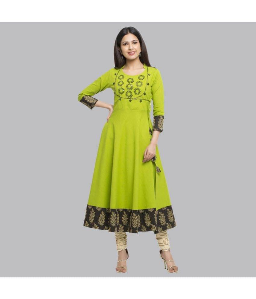 Yash Gallery Cotton Embroidered Angrakha Women's Kurti - Green ( Pack of 1 ) Yash Gallery Cotton Embroidered Angrakha Women's Kurti - Green ( Pack of 1 )