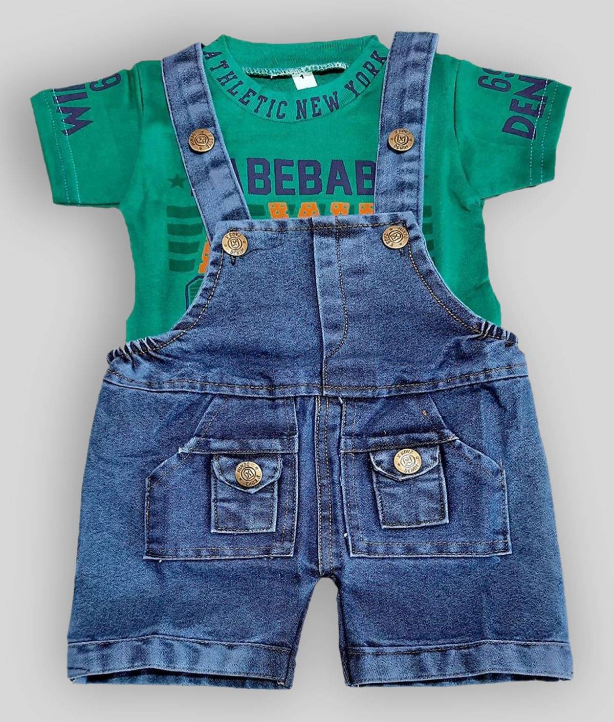     			LITTLE PANDA Baby Boys Hoisery Dungaree Sets ( Green )