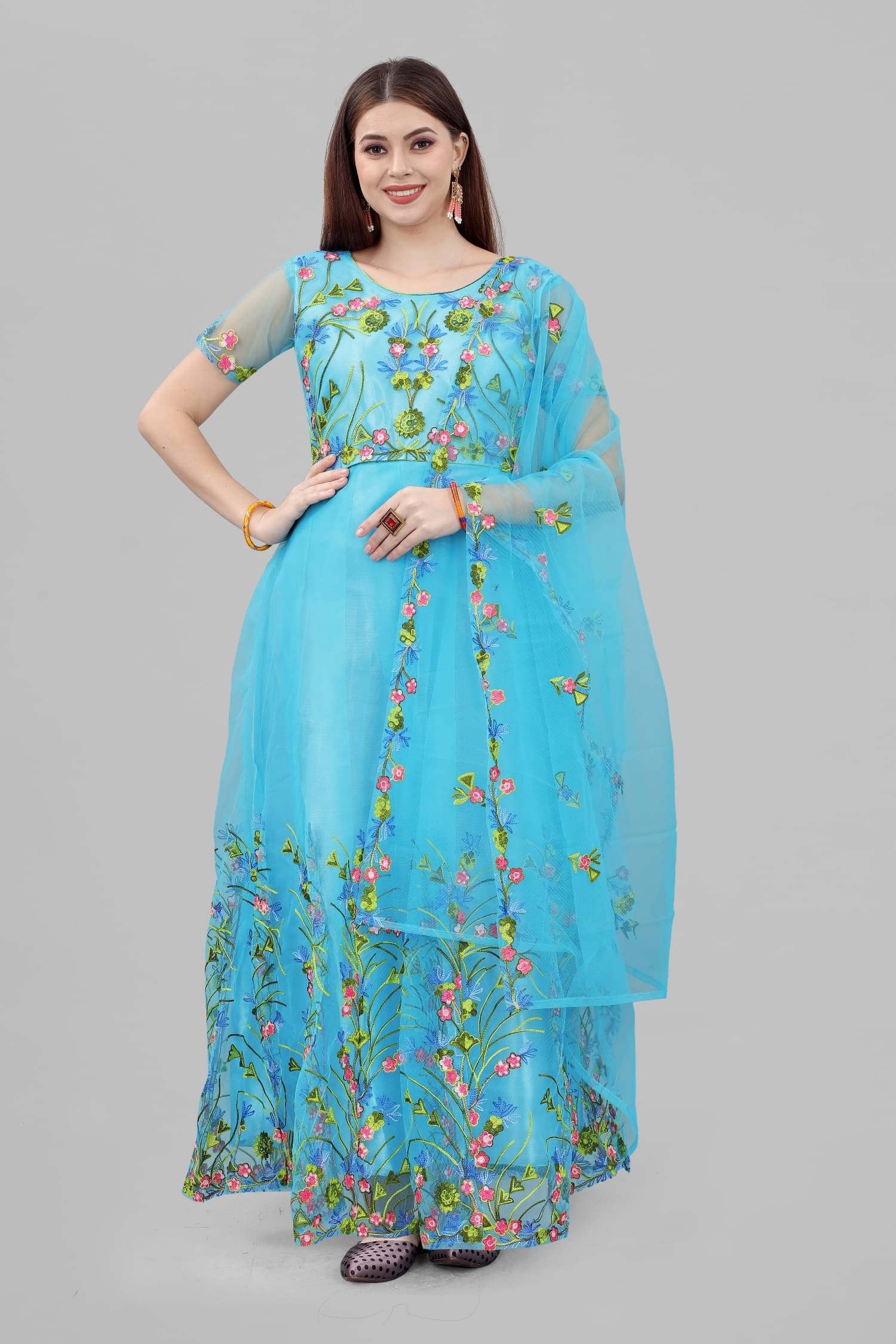     			Apnisha - Turquoise Anarkali Net Women's Semi Stitched Ethnic Gown ( Pack of 1 )