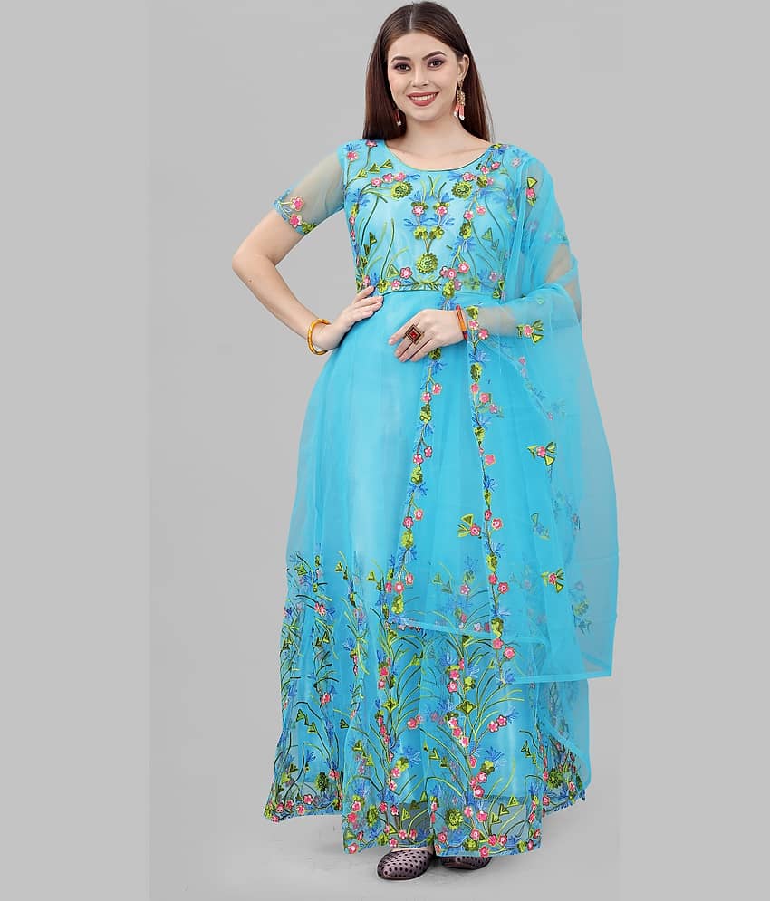 Apnisha - Peach Anarkali Net Women's Semi Stitched Ethnic Gown ( Pack of 1 ) - Unstitched Fabrics | Buy online on ZillyBuy