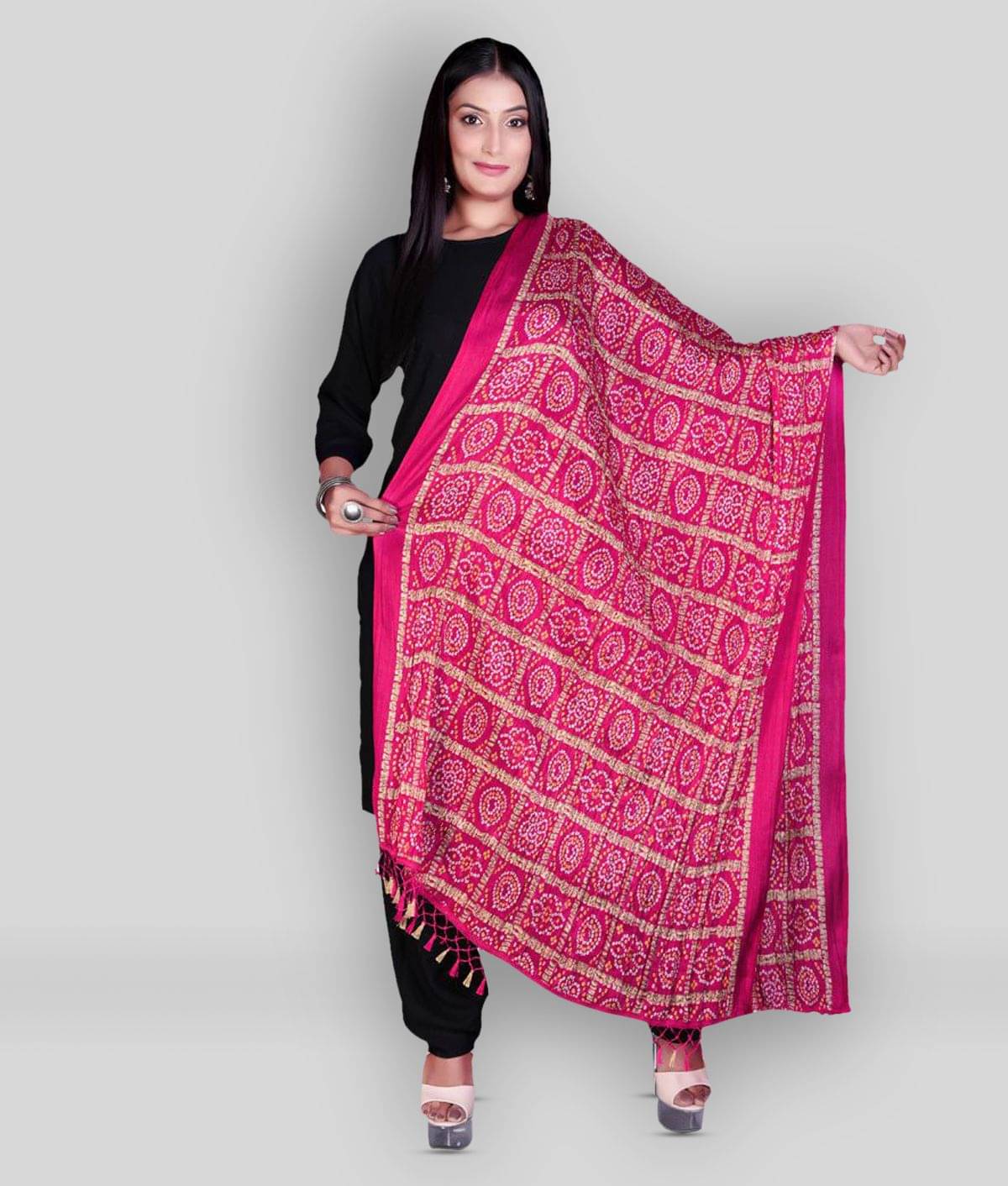     			Apratim Pink Silk Bandhej Dupatta - Single