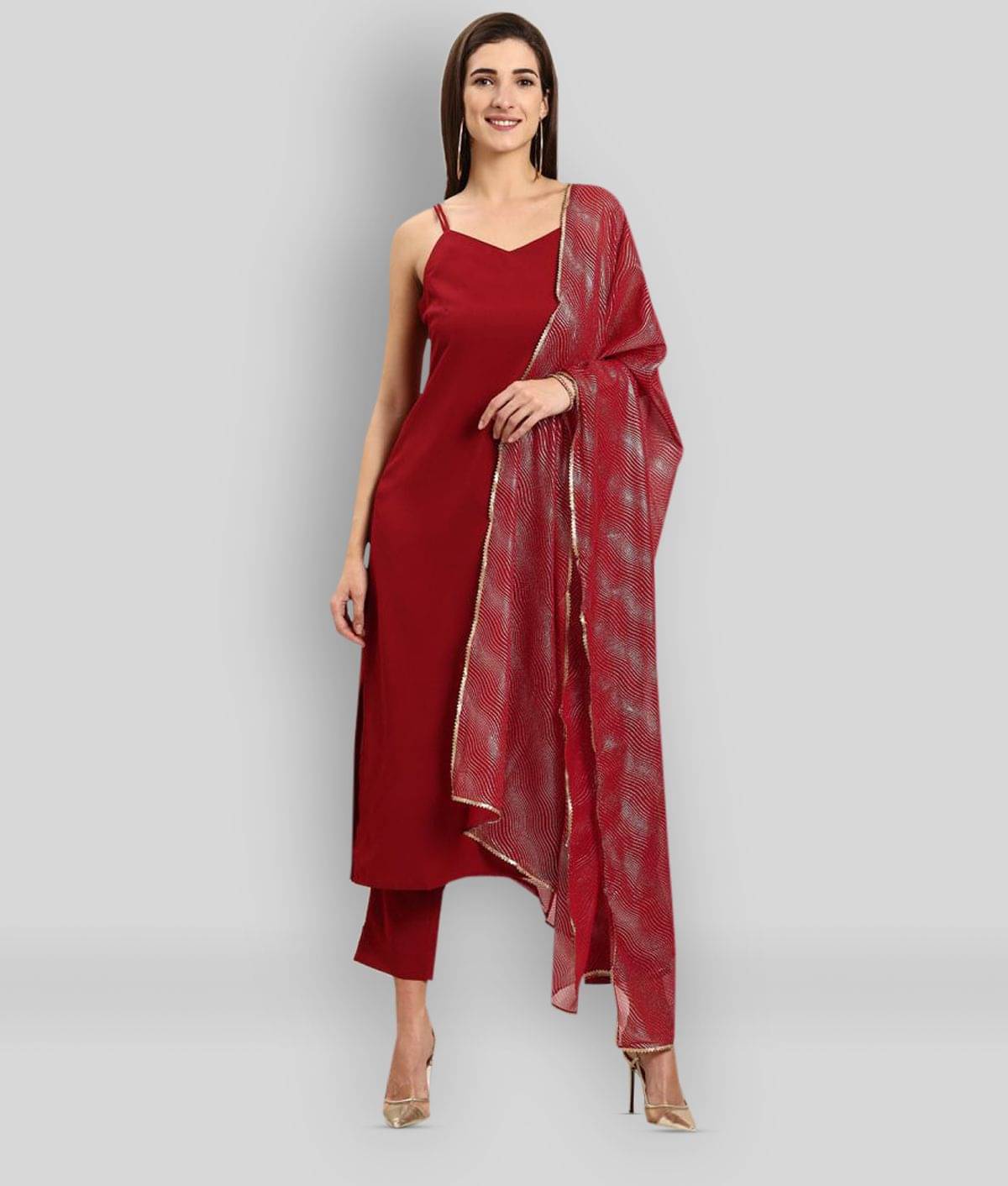 Janasya - Maroon Straight Crepe Women's Stitched Salwar Suit ( Pack of 1 )     			Janasya - Maroon Straight Crepe Women's Stitched Salwar Suit ( Pack of 1 )