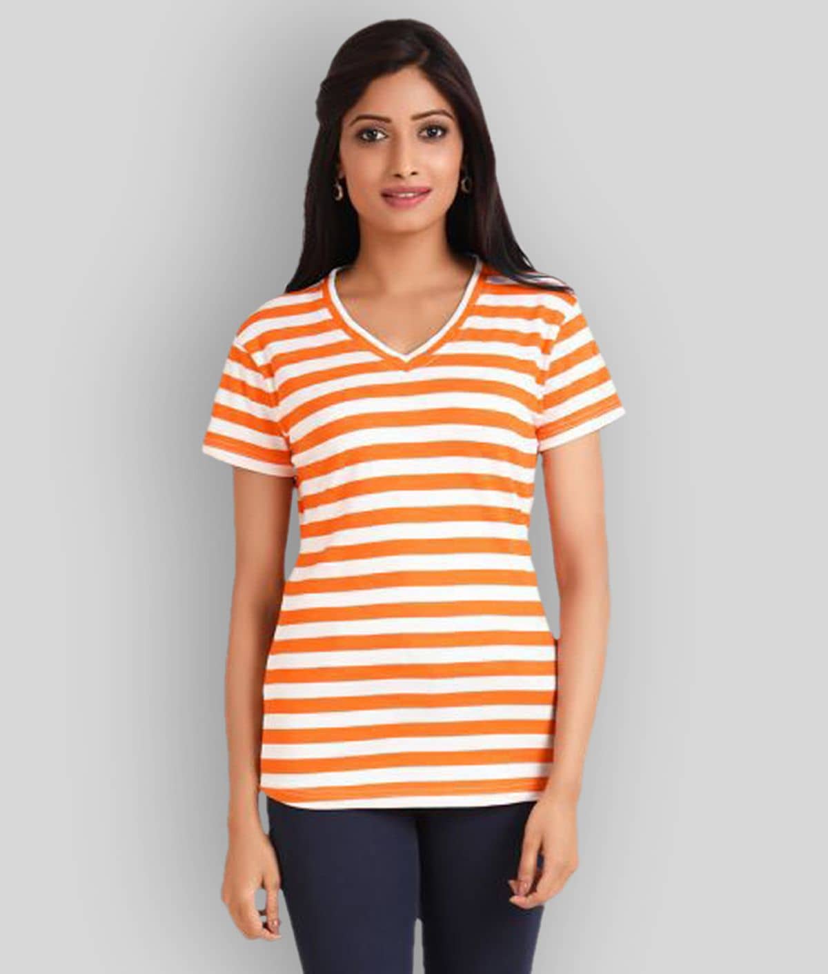 Neo Garments Women Polyester Striped Regular Fit V-Neck T-Shirt ( Orange )