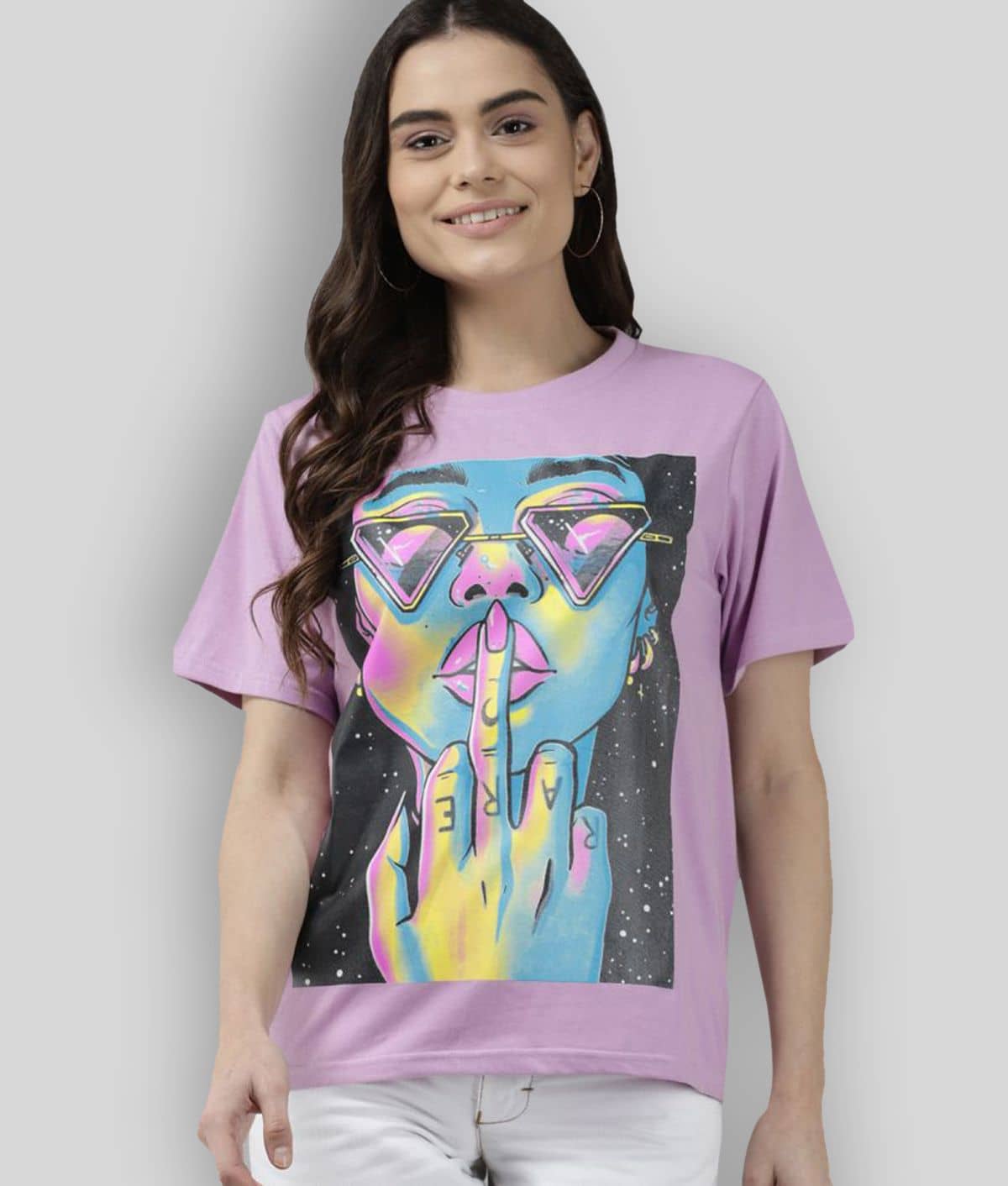 The Dry State Women Cotton Printed Oversized Fit Round Neck T-Shirt ( Lavender )
