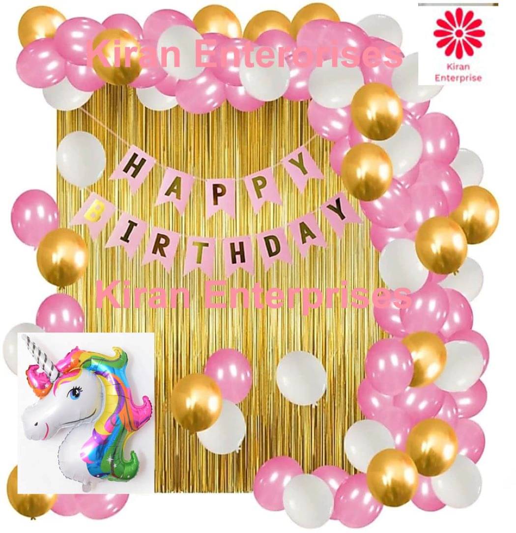     			Kiran Enterprises Happy Birthday Banner ( Pink ) + 2 Fringe Curtain ( Gold ) + Foil Balloon Unicorn (18") + 30 Metallic Balloon ( Pink, White, Gold )